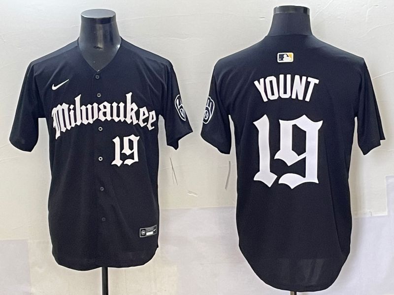 Men 2025 Milwaukee Brewers #19 Yount Black Five generations Joint Name Nike MLB Jersey style 9